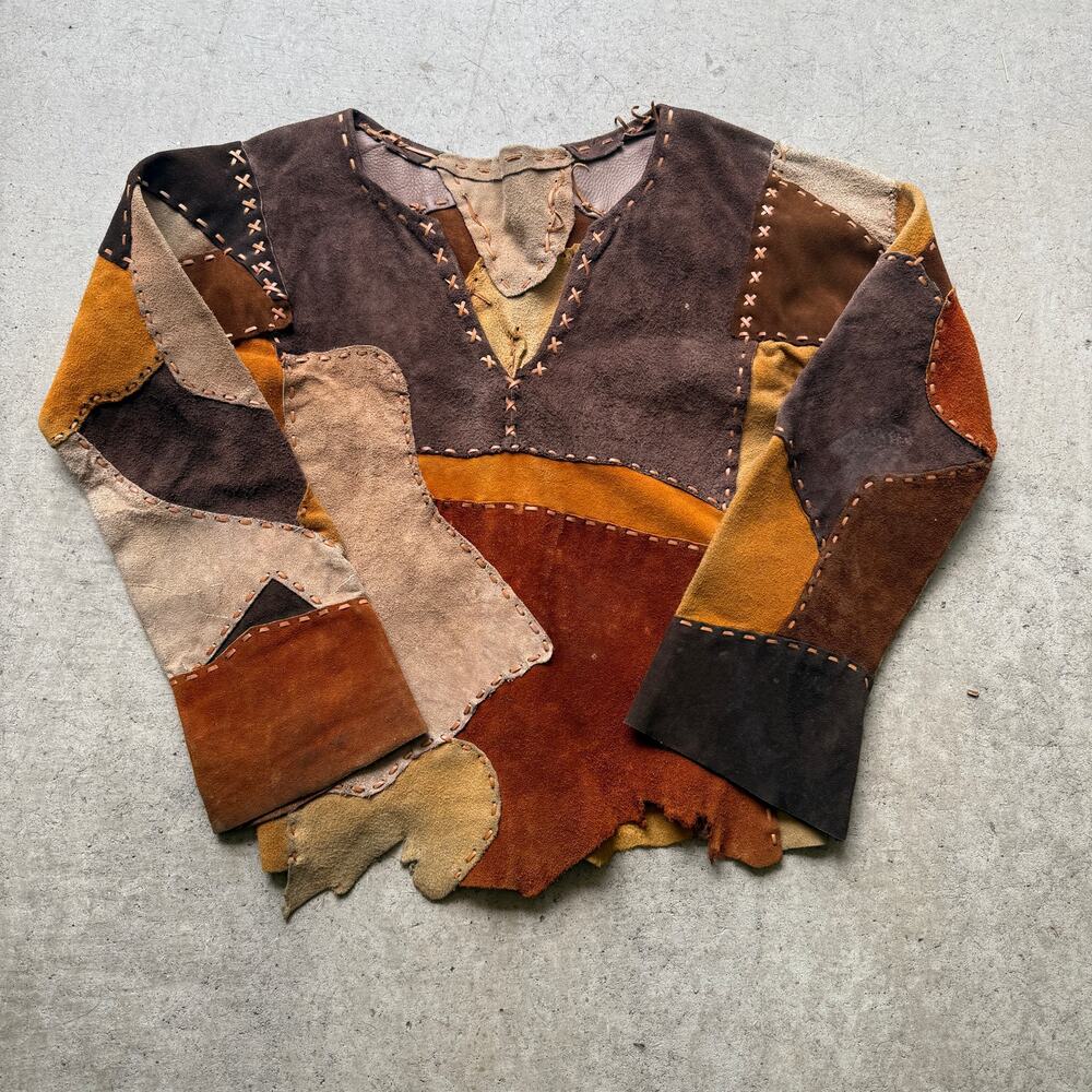 Vintage Multicolor Patchwork Leather Hand Crafted Pullover V-Neck Jacket 19 x 23